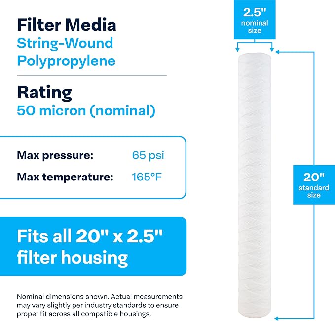 SpiroPure SP-CW50-20 20x2.5 50 Micron String-Wound Polypropylene Sediment Water Filter Cartridge SWC-25-2050 (Case of 20)