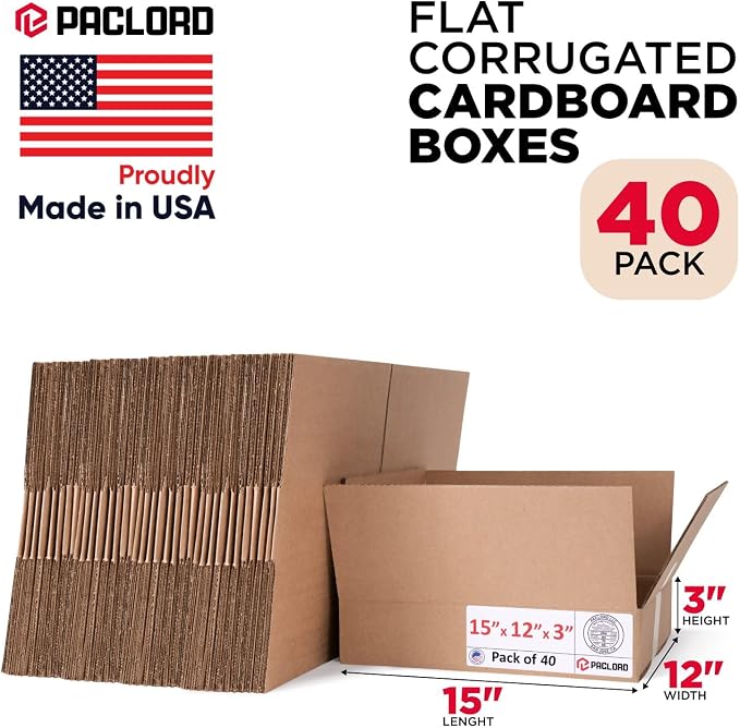 Flat Cardboard Boxes 15"L x 12"W x 3"H (Pack of 40) - USA-Made Packing Boxes for Moving, Shipping, or Storage - USPS, UPS, FedEx Approved - Professional Packing Supplies for Moving | USA-Made Packing Boxes for Moving, Shipping, or Storage - USPS, UPS, ...