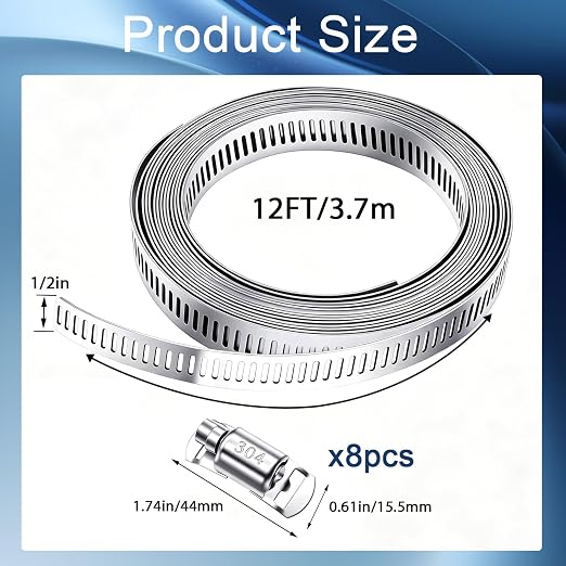 304 Stainless Steel Hose Clamp Assortment Kit,DIY 12FT Metal Strap + 8 Stronger Fasteners,Adjustable Large Worm Gear Hose Clamps Screw Clamps for Pipe,Duct,Tube,and Fuel Line