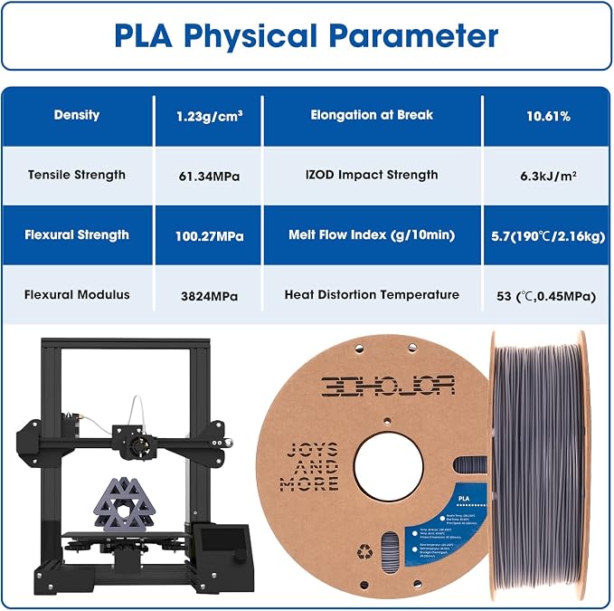 3DHoJor PLA Filament 1.75mm,3D Printing Filament,1kg*2 Cardboard Spool, Fit Most FDM 3D Printer,Dimensional Accuracy +/- 0.03 mm,Vacuum Packaging-2Pack Grey