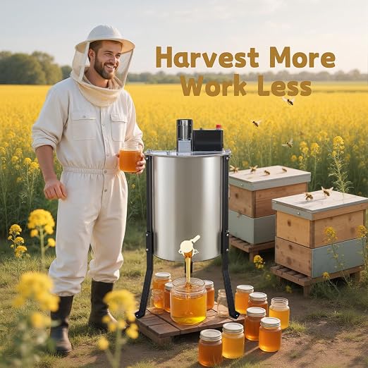 BeeCastle 4/12 Frame Electric Honey Extractor Stainless Steel Honeycomb Drum Spinner Extractor, Beekeeping Extraction Equipment (4 Deep Frames)
