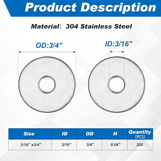 Hotop 200 Pieces Stainless Steel Fender Washers 18-8 Stainless Steel Flat Washer (3/16" X 3/4")