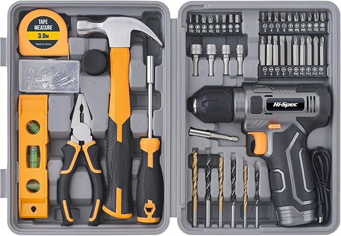 Hi-Spec 8V Cordless Drill Set & Home Tool Kit – USB Rechargeable Electric Power Drill Driver, Compact Tool Set with Essential Accessories, Gray, Perfect for DIY Repair, Maintenance, and Projects