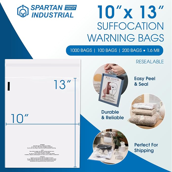 Spartan Industrial - 10” X 13” (1000 Count) Self Seal Clear Poly Bags with Suffocation Warning for Packaging, T Shirts - Resealable Glue