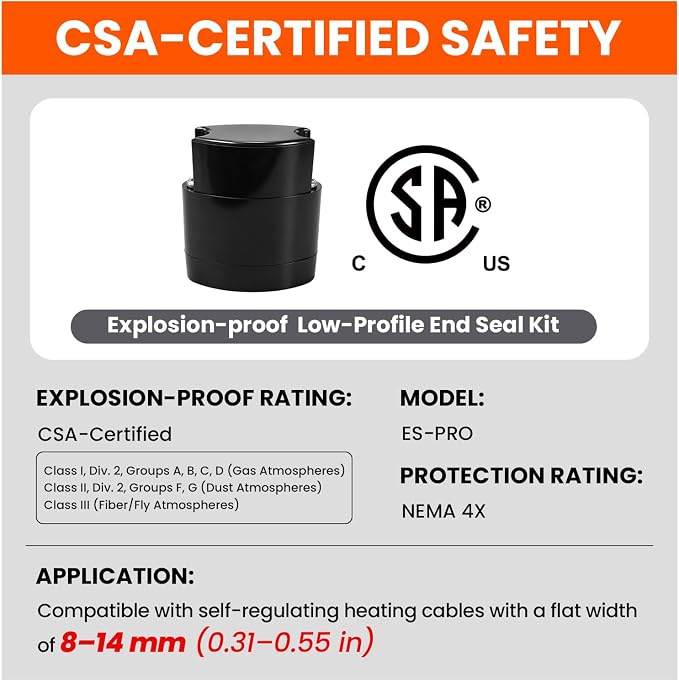 ES-PRO CSA Explosion-Proof Low-Profile End Seal Kit for Self-Regulating Heating Cable, NEMA 4X Waterproof, Roof and Gutter De-Icing, Pipe Freeze Protection
