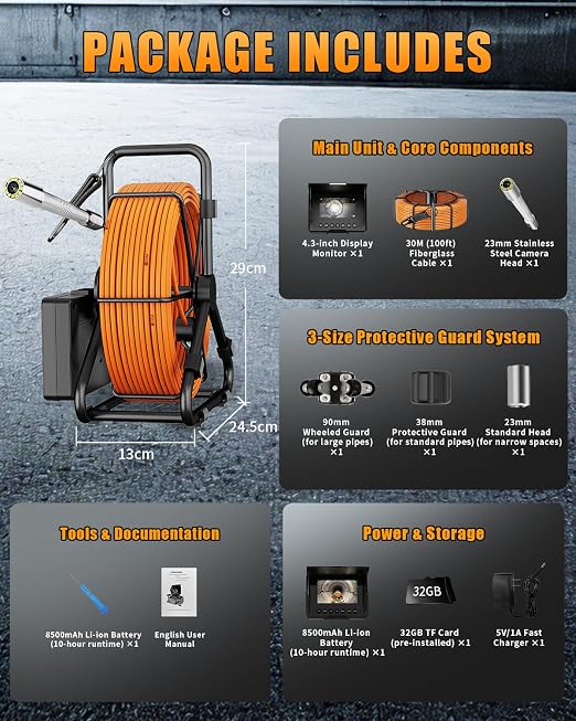 Sewer Camera 100ft, Drain Camera 4.3" with 23mm 1080P Probe, 8500mAh, 32GB Audio & Video Record, IP68 Waterproof for Plumbers, Drain Pipe & Industrial Inspection, Endoscope Camera with Light(12 LEDs)
