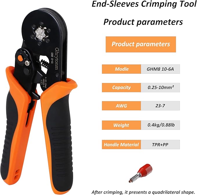 Ferrule Crimping Tool Kit, AWG 10-6 Self-adjustable Ratchet Wire Ferrule Crimper Plier Set with 1800pcs Red Copper Wire Terminals Crimping Connectors Wire Ends Ferrules, Black/Orange