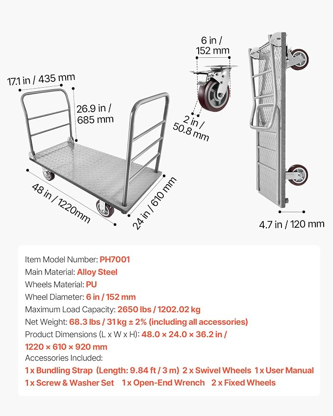 VEVOR 2 in 1Platform Truck, 2650 LBS Heavy Duty Flatbed Cart Dolly with Detachable Rear Guardrail and Swivel Wheels, Foldable Hand Push Truck Cart for Groceries, Garage, Warehouse (48"×24")