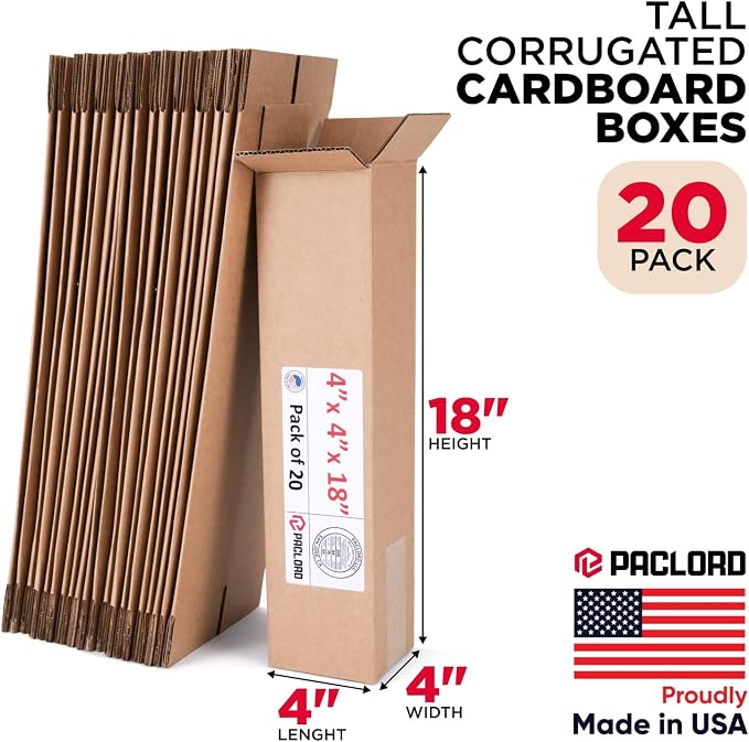 Tall Cardboard Boxes 4"L x 4"W x 18"H (Pack of 20) - USA-Made Packing Boxes for Moving, Shipping, or Storage - USPS, UPS, FedEx Approved - Professional Packing Supplies for Moving | USA-Made Packing Boxes for Moving, Shipping, or Storage - USPS, UPS, F...