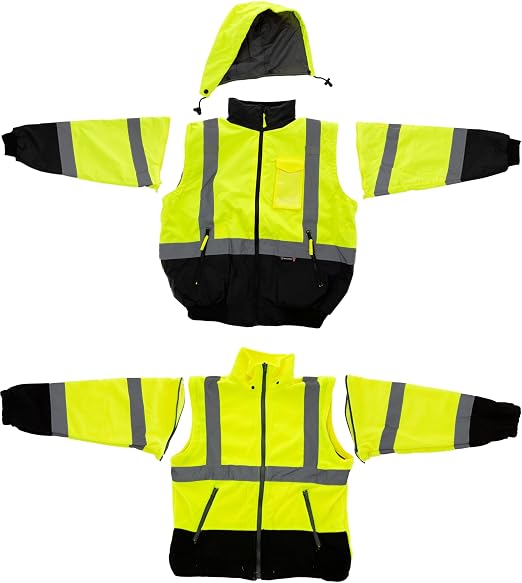Majestic 75-1383/TL High Visibility Yellow 8-in-1 Waterproof Jacket with High Visibility Liner, Removable Sleeves and Liner, PU Coated Oxford Fabric, ANSI 3 Type R, TL