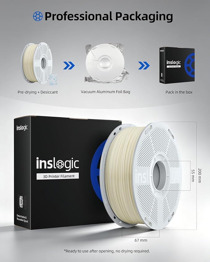 Inslogic ABS-GF10 Filament 1.75mm, ABS Filament with Glass Fiber, Durable & Strong & Low Warping, Heat-Resistant & Fine Surface for Functional 3D Printing, 1kg Detachable Spool (Natural White)