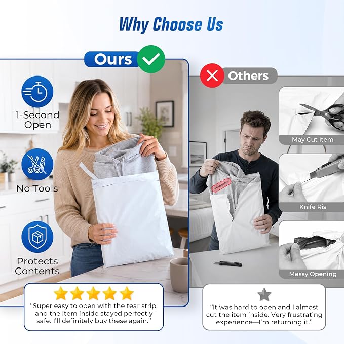 Fuxury Poly Mailers 12x15.5 50PC (Upgraded Version) Shipping Bags for Clothing with Easy-Open Tear Strip & Hangable for Easy Use, Self-Seal Shipping Envelopes Mailing Bags for Small Business in White