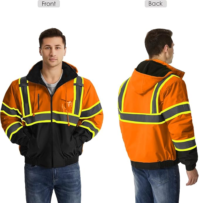 SKSAFETY High Visibility Reflective Jackets for Men, Waterproof Class 3 Safety Jacket with Pockets, Hi Vis Orange Coats with Black Bottom, Mens Work Construction Coats for Cold Weather, 5XL,Orange