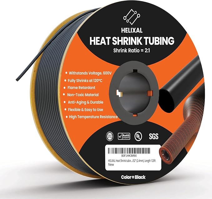 3/32" 2.4mm HELIXAL 2:1 Heat Shrink Tubing, Electrical Industrial Shrink Tube for Wire Insulation, Shrink Wrap Tubing, Electrical Insulation, Flame Retardant Cable Management Spool 120ft