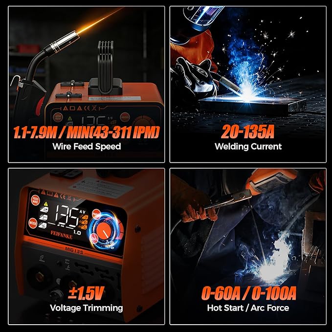 FEIFANKE 135A MIG Welder, 110V Flux Core MIG/Stainless Flux MIG/Stick/MMA/Lift TIG 4 In 1 Welding Machine with Large LED Display Mini IGBT Synergy Inverter Welder for Beginners & Professionals