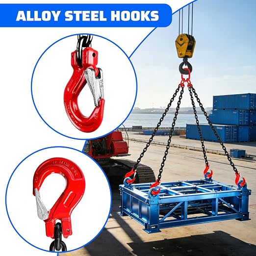 6 Ton Chain Sling 5/16 Inch x 5 Ft G80 Alloy Steel 4 Way Chain Slings Quadruple Leg Slings Lifting with 4 Safety Grab Hooks Lifting Slings Engine Chain Hoist Lifts