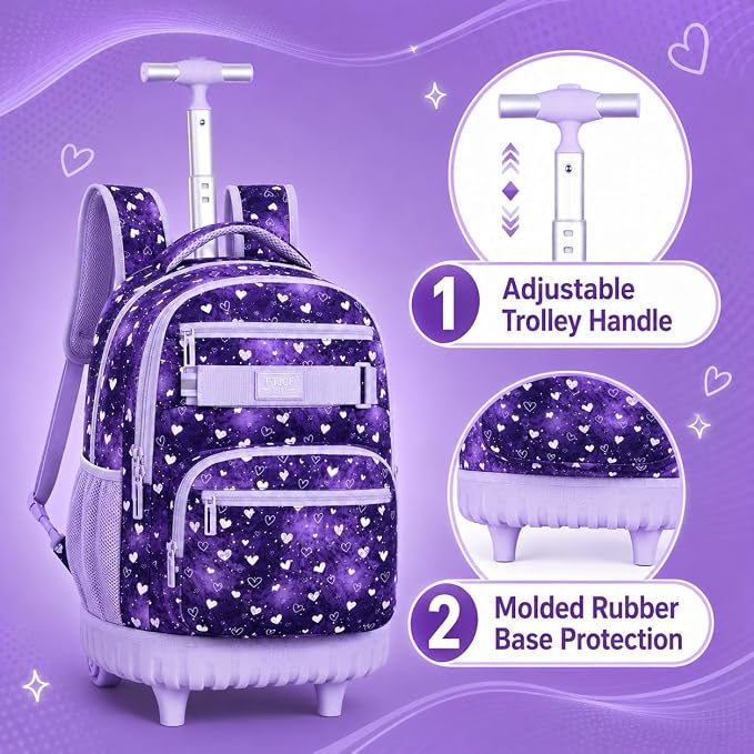 3Pcs Rolling Backpack for Girls Teens, 19" Wheeled Backpack with Lunch Box, Polka Dots Travel Roller Backpack for Women College Students (Purple)