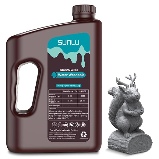 SUNLU 3kg Water Washable 3D Printer Resin, Fast Curing Low Shrinkage, High Precision Photopolymer Resin for LCD/DLP/SLA Printers,395 to 405nm UV Resin, 3000g Dark Grey