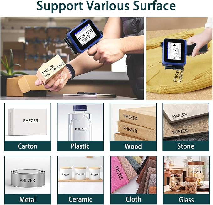 Phezer Mini Handheld Inkjet Printer PC11 for Flat and Curved Surface, with Touch Screen and Quick-Drying Ink Cartridge, Portable Pocket Marking Device for Label/Date/Barcode/Logo/Qrcode/Batch Number