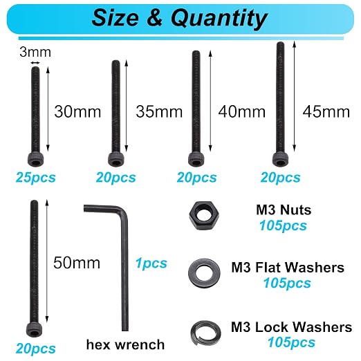 420PCS Black M3 Hex Socket Head Cap Screws, M3 x 30/35/40/45/50mm Metric Screws Bolts Nuts Washers Assortment Kit, 12.9 Grade Alloy Steel