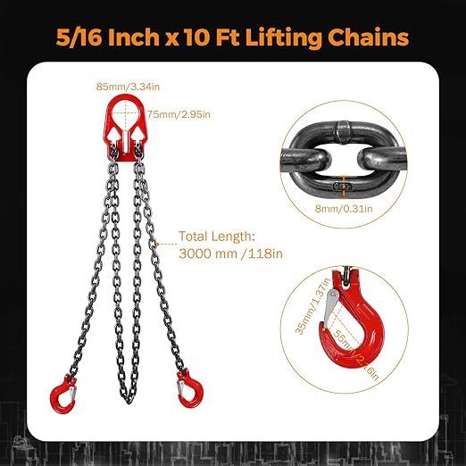 BEAMNOVA Lifting Chains with Adjuster Hooks, 5/16 Inch x 10 Ft, 7000lbs / 3.18 Tons, Chain Slings for Engine Hoist 2 Legs Industrial Grab Hook Heavy Duty