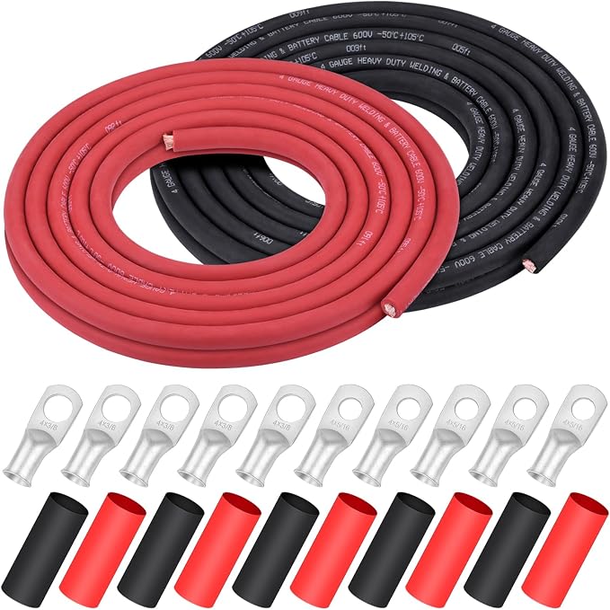 iGreely 4 Gauge Wire,4 AWG Flexible Pure Copper Welding Battery Cable for Automotive Solar Motor, 5pcs of 5/16""& 5pcs 3/8"" Copper Lug Terminal Connector+Heat Shrink Tubing 20 Ft Black + 20 Ft Red
