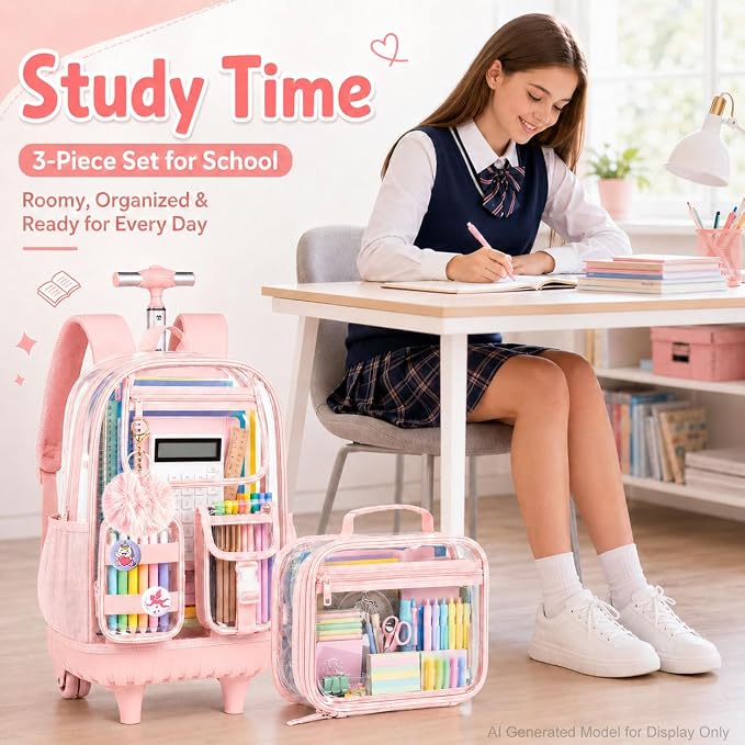 CCJPX 3Pcs Clear Rolling Backpack for Girls Women, Heavy Duty PVC Transparent Wheeled Bookbag, See Through School Bags with Wheels for Teens Elementary Travel - Pink