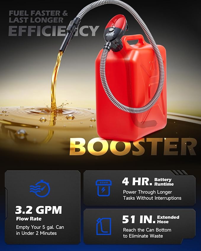 Orion Motor Tech Electric Fuel Transfer Pump with Auto-Shutoff, 3.2GPM Gas Can Pump, 51" Hose, USB-C & AA Battery (NO BATTERIES INCLUDED) Powered, 4 Adapters for Gasoline, Diesel, Kerosene, Red