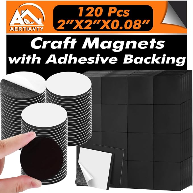 Aertiavty Square and Round Magnets with Adhesive Backing, 120 Pcs 2" Fridge Magnets, Magnetic Tape Strips, 80 Mil Sticky Magnet for Whiteboard, Refrigerator, Crafts, Easy Peel and Stick