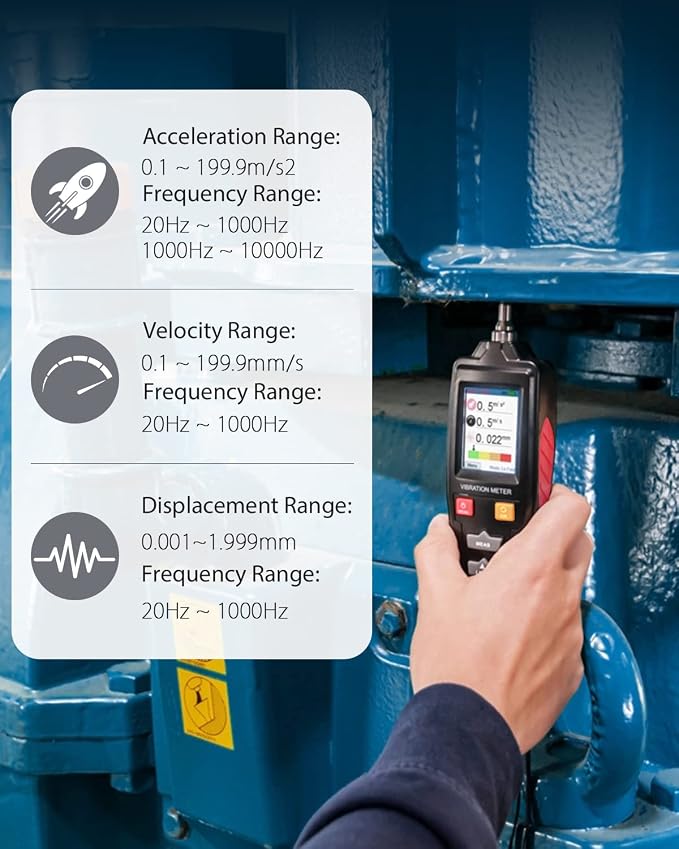 Wintact Handheld Digital Mechanical Vibration Meter, 0.01~199.9mm/s, Mechanical Vibration Analyzer Tester Gauge, Acceleration, Velocity, Displacement Measurement for HVAC, Motors, Engines, Generator