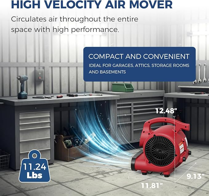 ALORAIR 600 CFM Air Mover Blower Fan for Industrial, Workshop, and Home Use - 3 Speeds, 5 Adjustable Angles and Daisy Chain - Ideal for Water Damage Restoration and Plumbing - GF600A Red