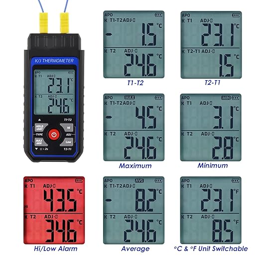 Dual-Channel K/J Thermocouple Thermometer with 4 K-Type Thermocouples -328°F ~ 2501°F Measurement Range HVAC Temperature Meter Gauge with Data Hold, MAX/MIN/AVG, Hi/Lo Backlit Alarm, ADJ Compensation