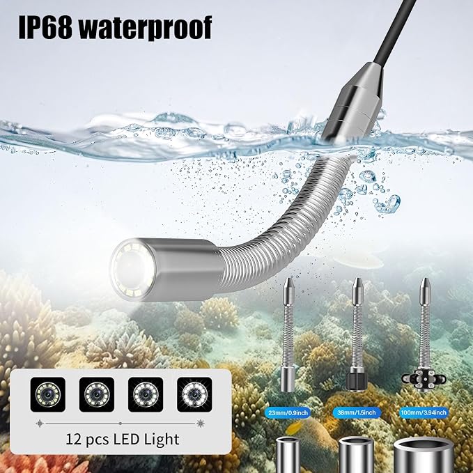 Sewer Camera 100FT/30M 7" IPS Screen Pipe Inspection Camera Borescopes Plumbing DVR & Audio Recorder 23mm with 32GB Card 12 LEDs HD 1000TVL Endoscope