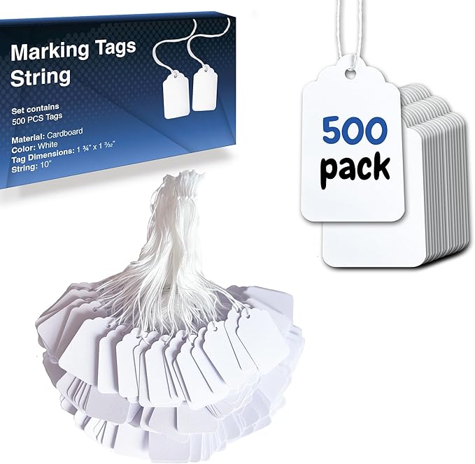 Easytwelve - 500 Pcs White Price Tags with String Attached, Hang Tags for Product, Labeling 1.75 x 1.093 inch