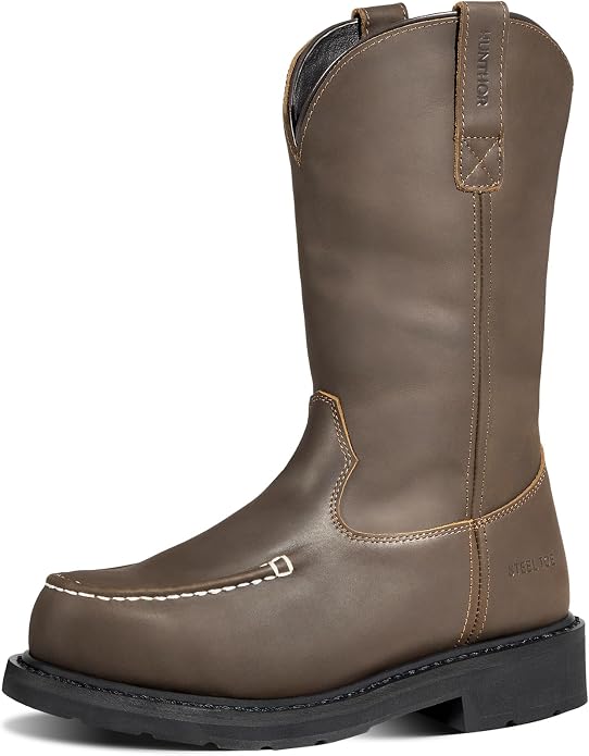 Steel Toe Work Boots - Puncture Proof with Steel Shank, GoodyearWelt, Full-Grain Leather, Oil & Slip Resistant, Pull-On Moc Design - Ideal for Construction and Farming (Dark Brown, Sizes 7-14)