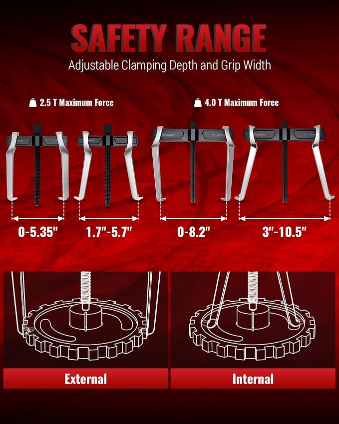 6" and 10" 2-Jaw Gear Puller Set, 2 Pack with Small (0-5.35" External/1.7-5.7" Internal) & Large (0-8.2" External/3-10.5" Internal) Spread, Heavy-Duty Bearing, Flywheel, Pulley and Gear Remover Tool