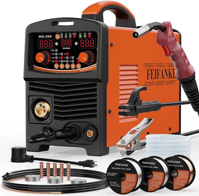 250A Aluminum Pulsed MIG Welder 110V/220V, 6 in 1 Gasless Flux Core MIG/Gas MIG(MAG) /Single Pulse MIG/Lift TIG/Stick/2T 4T Spot Multiprocess Welder with Synergic/Manual Control Welding Machine