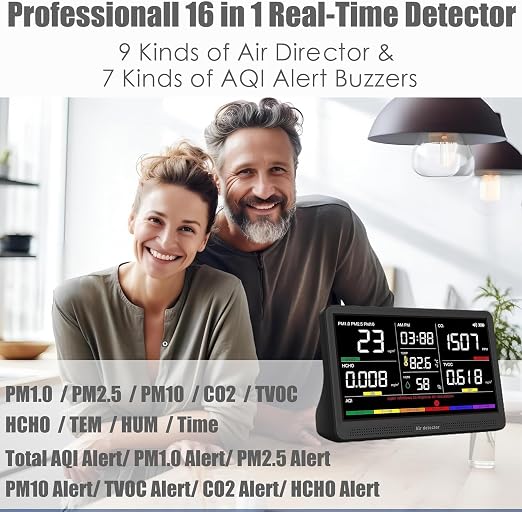 Professional Indoor Air Quality Monitor with 7X AQI Beep Alarms,16 in 1 Portable Real-Time Detector for PM2.5 | PM10 | CO2 | TVOC | HCHO | Temp | Hum for Home Cars Plants Pets (Dark Black)