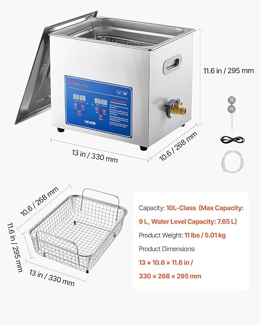 VEVOR Ultrasonic Cleaner 10L-Class Capacity Ultrasonic Parts Cleaner 40kHz, Digital Time and Temp Control, Stainless Steel Ultra Sonic Cleaning Machine with Cleaning Baskets, for Auto Parts, Glasses
