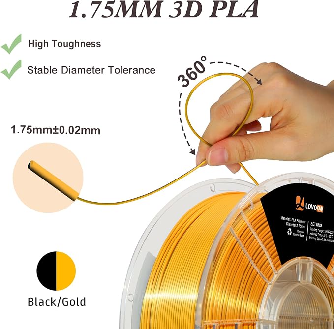 LOVOON Silk Dual-Color PLA Filament with Black and Gold,1.75mm PLA Filament DualColor Change by Angle,Compatible with Most FDM 3D Printers,1kg(2.2lbs)/Spool