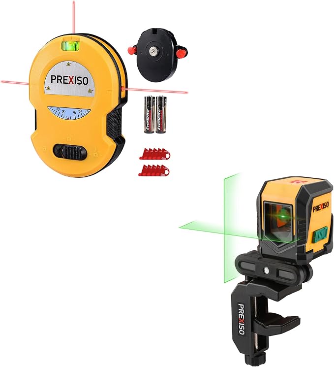 PREXISO Multi Surface Laser Level LED Light Vial, 30Ft Horizontal and Vertical Line Laser & PREXISO 65Ft Laser Level Self Leveling with Rotatable Mount Clamp
