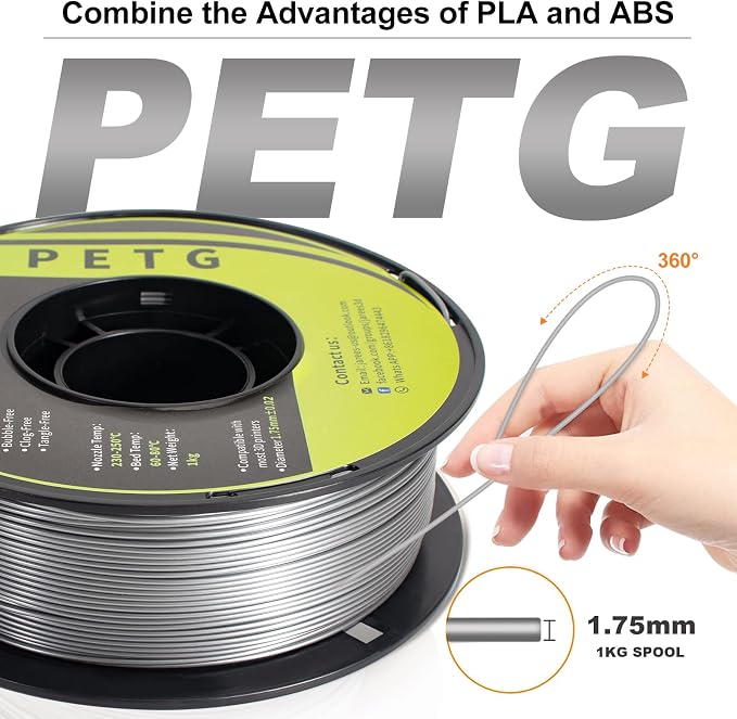 PETG Filament 1.75mm for 3D Printer, Metal-Like Consumable 1kg (2.2lbs) 1 Spool, Chrome Metallic Finish PETG High Speed 3D Printer Filament, Dimensional Accuracy +/- 0.03 mm,Metallic Silver