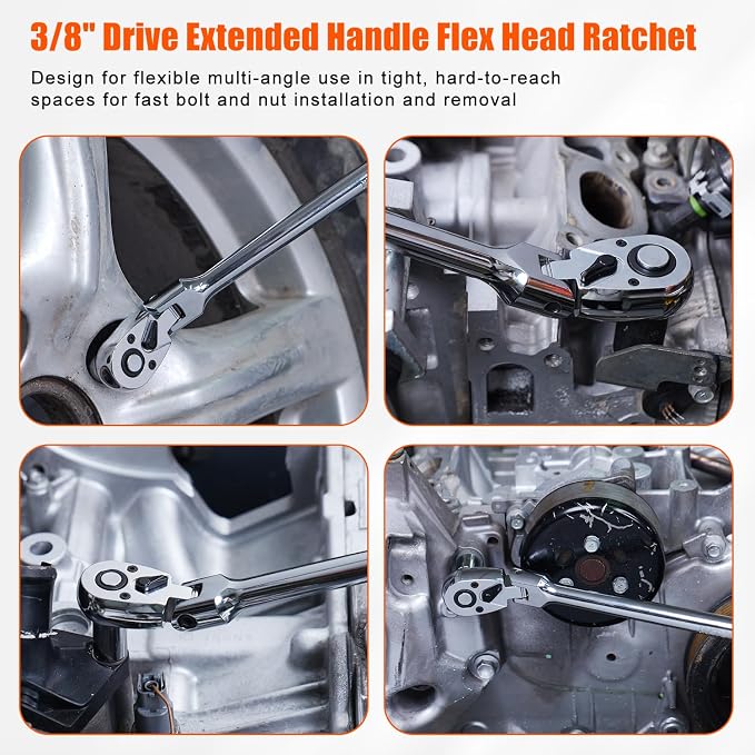 Matework 3/8" Drive Flex Head Ratchet Wrench, 17-Inch 90-Tooth Long Handle Ratchet with Quick Release and Reversible Switch, CR-V Steel, 180° Swivel Head Ratchet for Automotive, Home and DIY Repair