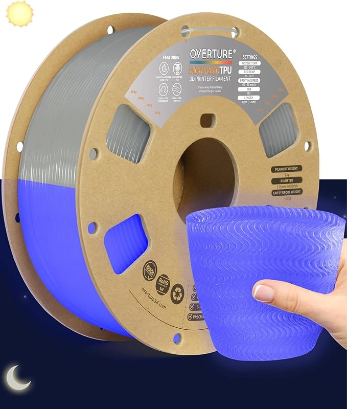 OVERTURE High Speed TPU 95A Flexible 3D Printer Filament 1.75mm | High Elasticity & Durability Filament,1kg Spool(2.2lbs),Fit Most FDM Printer(HS TPU Luminous Electric Indigo)