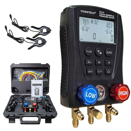 Digital Manifold Gauge Set – HVAC Refrigerant Pressure & Temp Tester, Dual-Port Diagnostic Tool with 112 Refrigerant Profiles, Leak Test, Data Hold & Superheat Subcooling, 3000 PSI Hoses