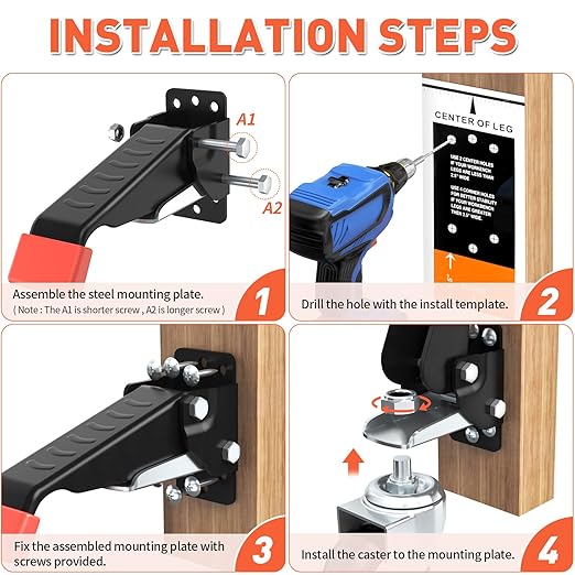 SPACEKEEPER Workbench Casters kit 720 Lbs Retractable Casters Heavy Duty Bench Caster Wheels Side Mounted Retractable Workbench Wheels Designed for Workbenches Machinery & Tables, 4 Pack