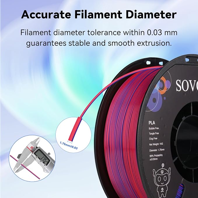 Sovol PLA Filament Silk Tri Color Co-Extrusion 1.75mm, 3D Printer Filament 1kg/ 2.2lbs, Shiny Silk Dark Red Green Blue 3 in 1 Coextrusion PLA Material +/-0.03mm