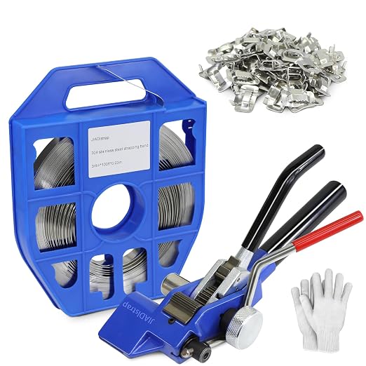 Heavy Duty Banding Strapping kit Contain 3/4"x 100' 304 Stainless Steel Packaging Straps Plastic Case & 100 Metal Buckles Tensioner with Cutter Tool Glove