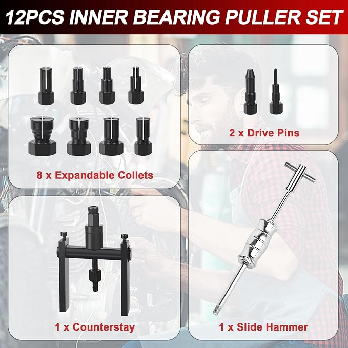12pcs Motorcycle Blind Hole Bearing Puller Kit, Motorcycle Slide Hammer Puller Set, Pilot Insert Inner Bearing Remover Tool with 8-32mm Collets