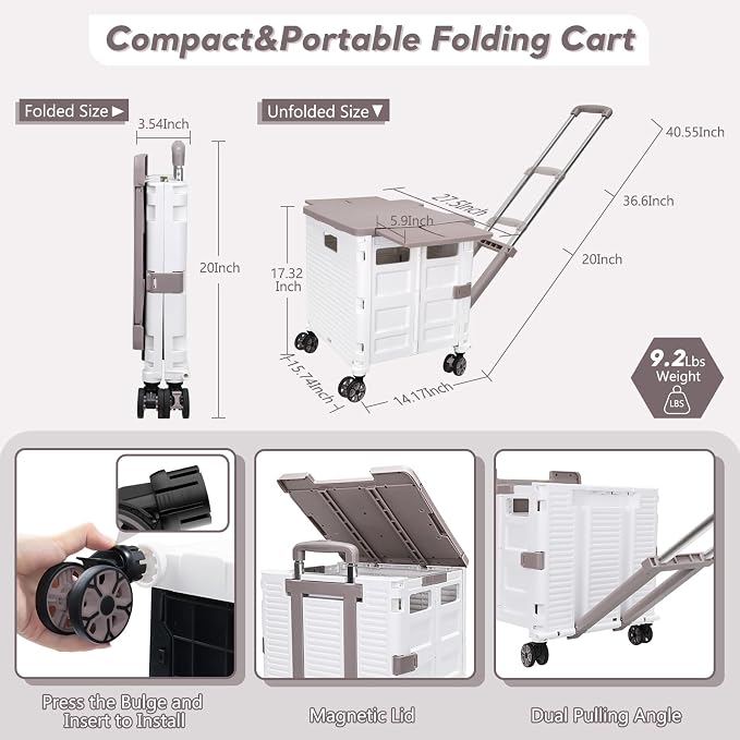 Foldable Utility Cart Rolling Crate Handcart Shopping Cart with Rotate Wheels Extended Magnetic Lid Telescoping Handle Adjustable Angle for Transports Groceries Office Teacher File(White)
